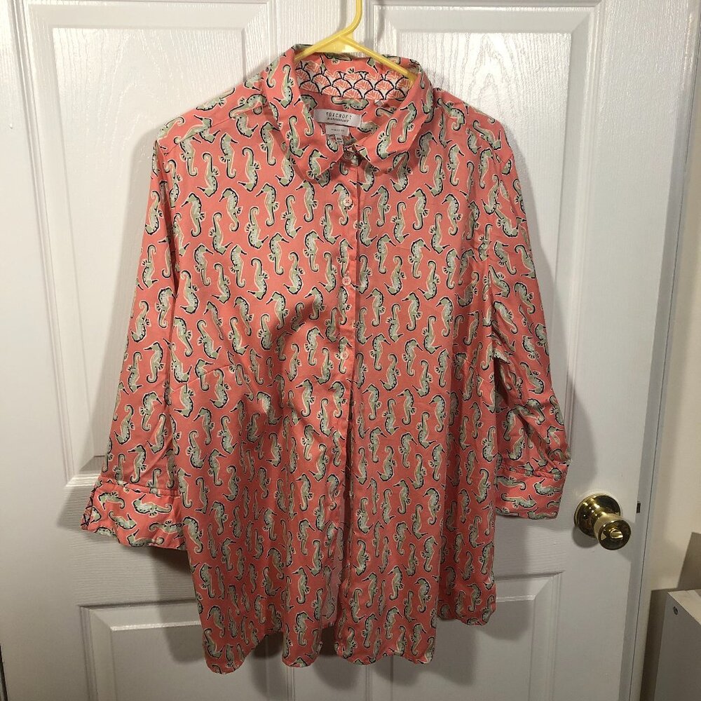 Foxcroft for Appleseeds wrinkle free coral shirt with seahorse print, 18W
